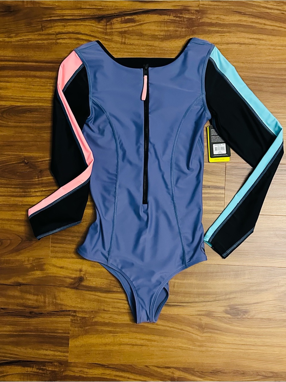 Long Sleeve Colorblock One-Piece Swimsuit - Steel Blue with Pink & Aqua Accents